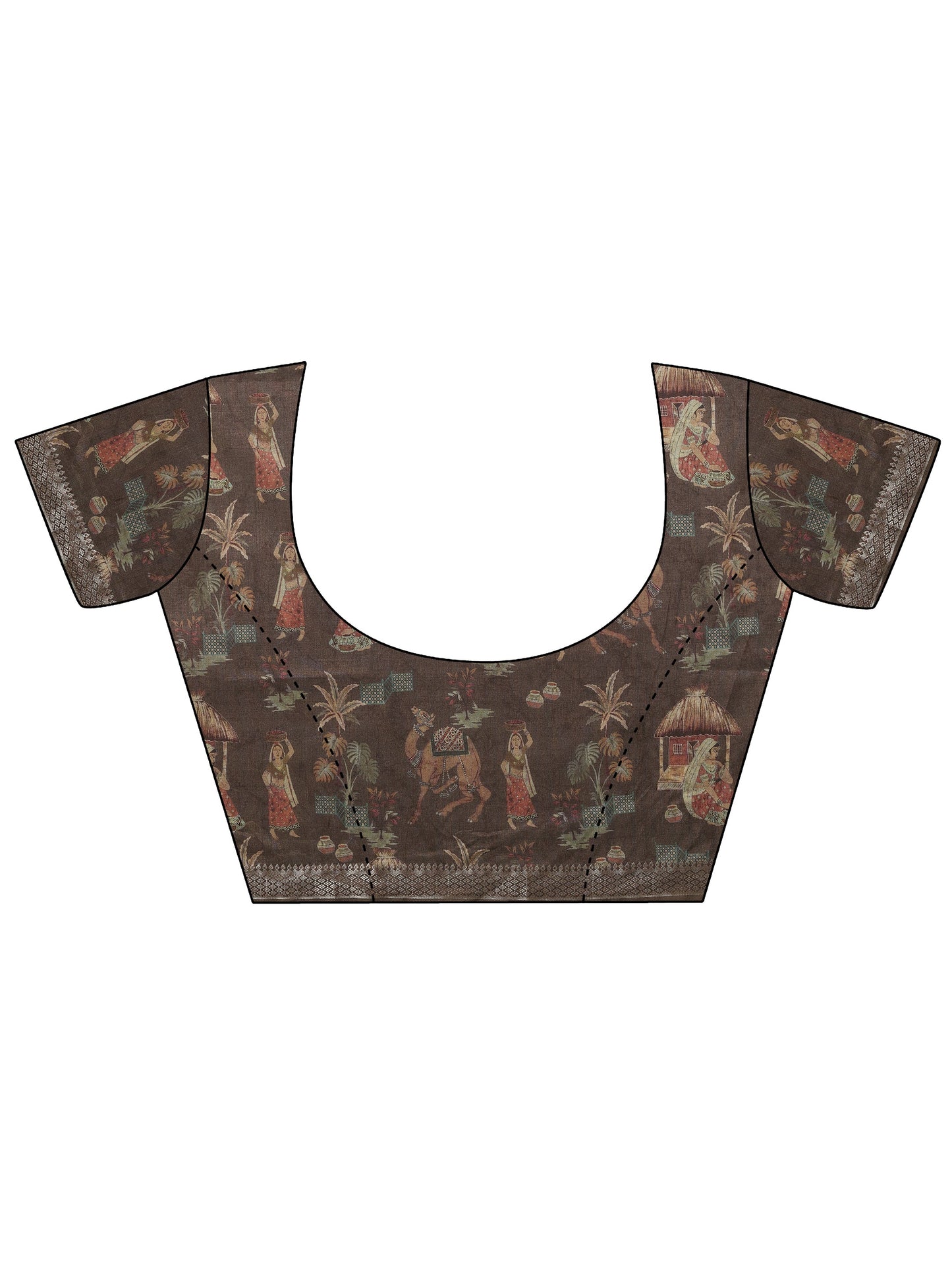 Brown Printed Silk Blend Saree With Unstitched Blouse Piece