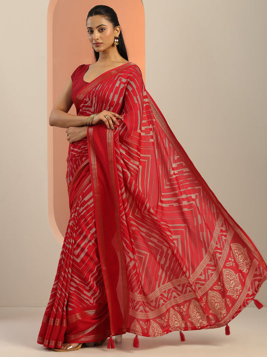 Red Printed Georgette Saree With Unstitched Blouse Piece