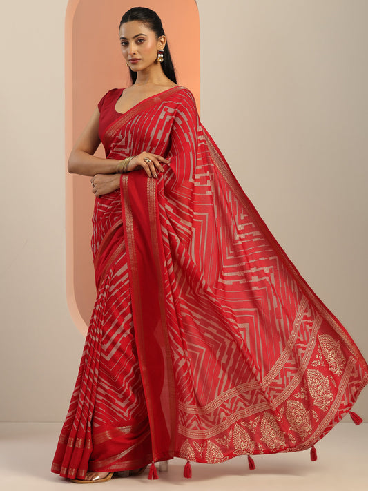 Red Printed Georgette Saree With Unstitched Blouse Piece