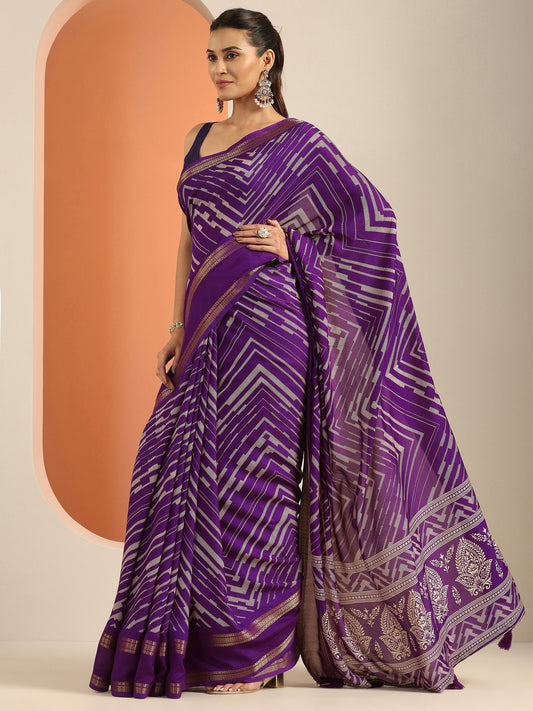 Purple Printed Georgette Saree With Unstitched Blouse Piece