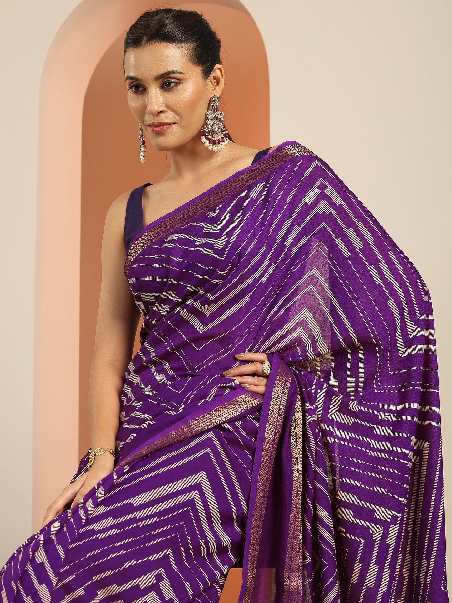 Purple Printed Georgette Saree With Unstitched Blouse Piece