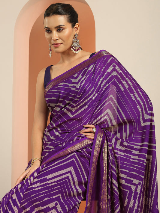 Purple Printed Georgette Saree With Unstitched Blouse Piece