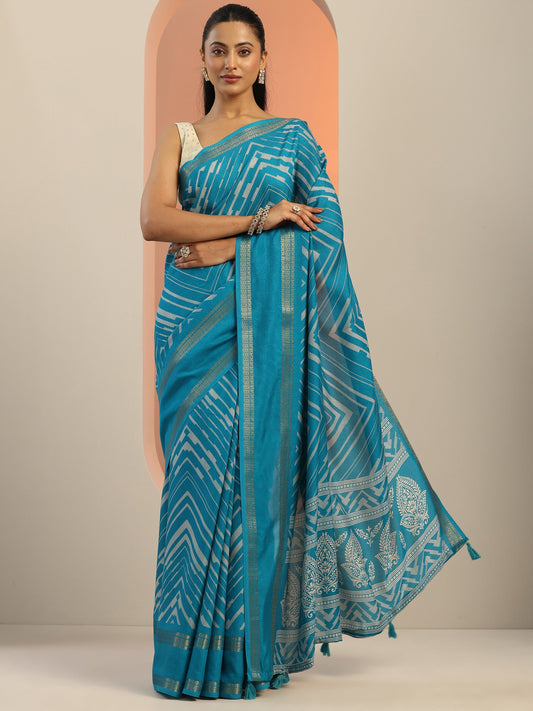 Teal Printed Georgette Saree With Unstitched Blouse Piece