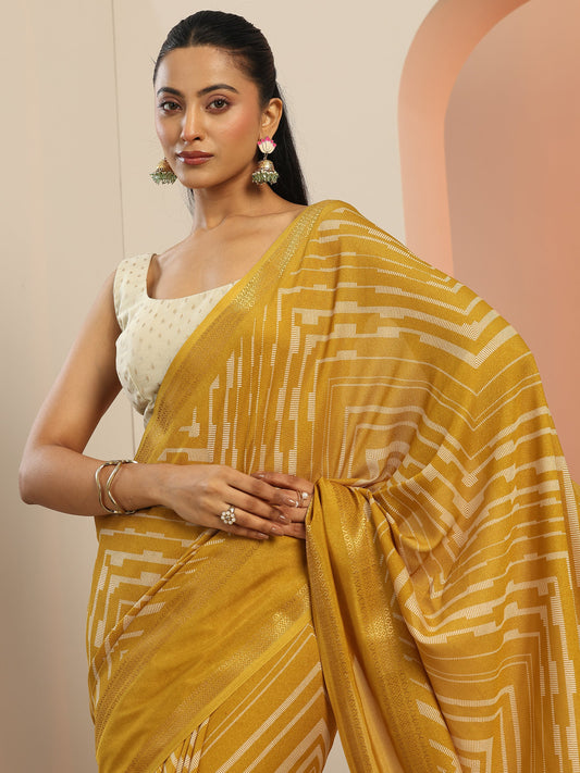 Mustard Printed Georgette Saree With Unstitched Blouse Piece
