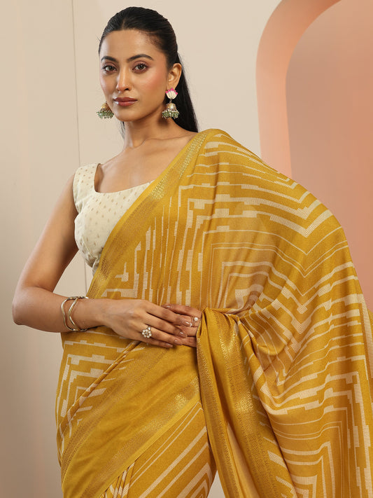 Mustard Printed Georgette Saree With Unstitched Blouse Piece