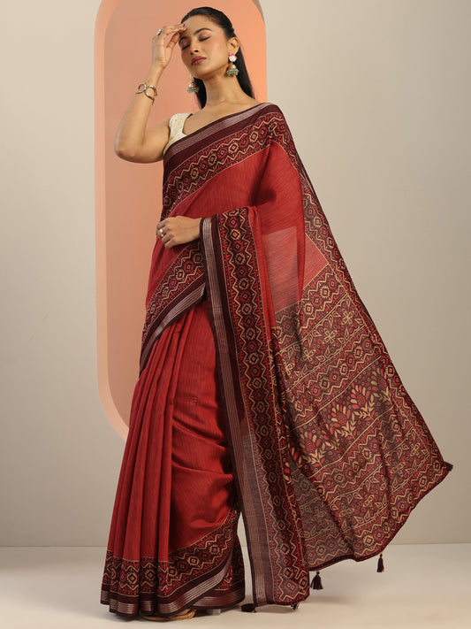 Red Solid Silk Blend Saree With Unstitched Blouse Piece