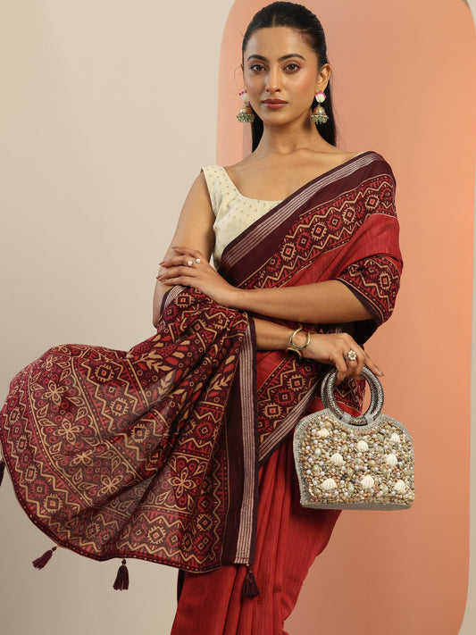 Red Solid Silk Blend Saree With Unstitched Blouse Piece