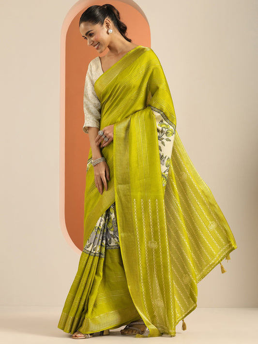 Green Printed Silk Blend Saree With Unstitched Blouse Piece