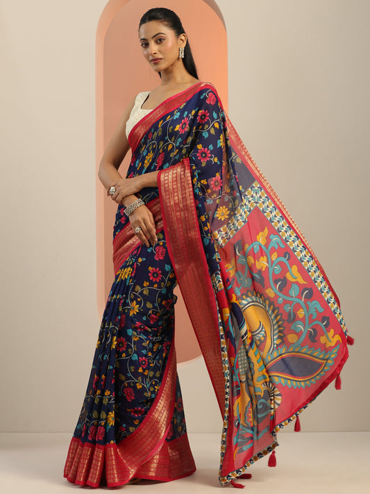 Blue Printed Georgette Saree With Unstitched Blouse Piece