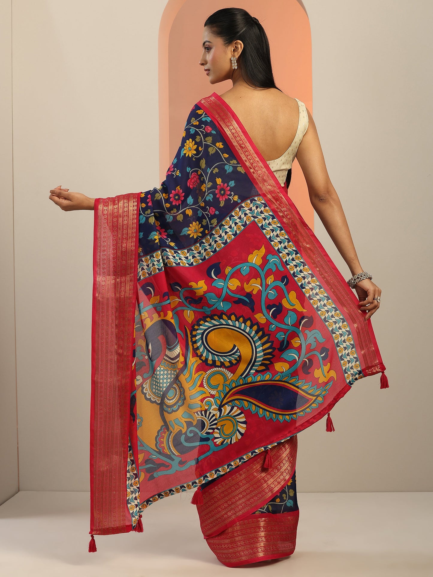 Blue Printed Georgette Saree With Unstitched Blouse Piece
