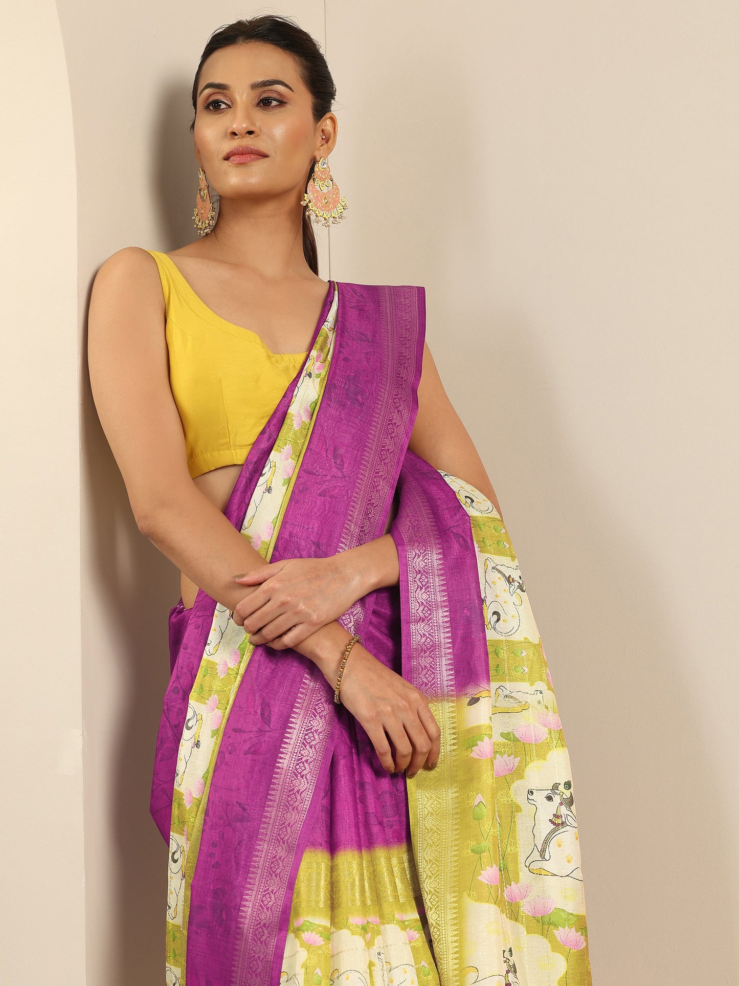 Purple Kalamkari Printed Georgette Saree With Unstitched Blouse Piece