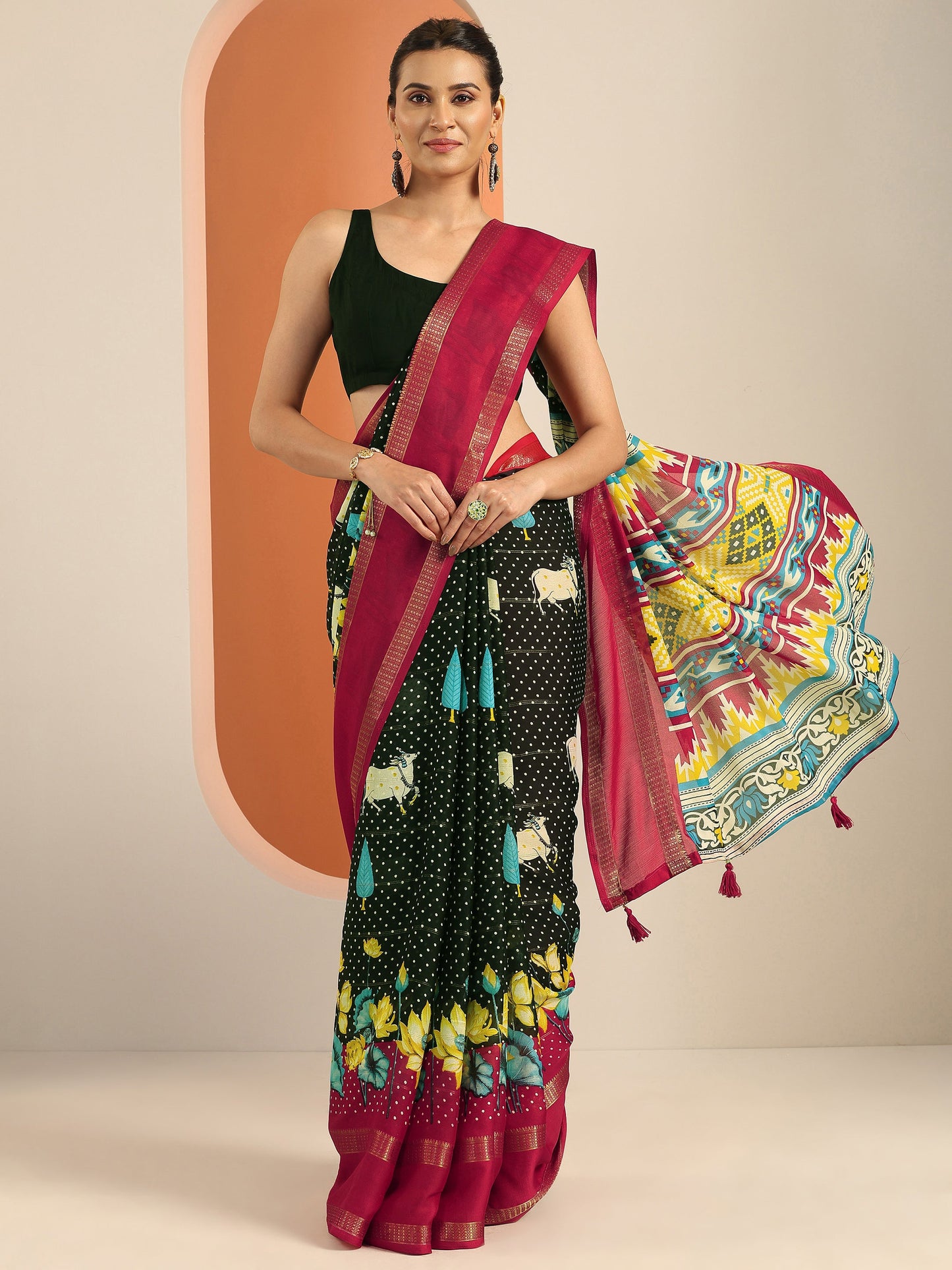 Black Kalamkari Printed Georgette Saree With Unstitched Blouse Piece