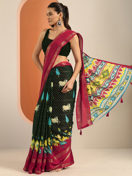 Black Kalamkari Printed Georgette Saree With Unstitched Blouse Piece