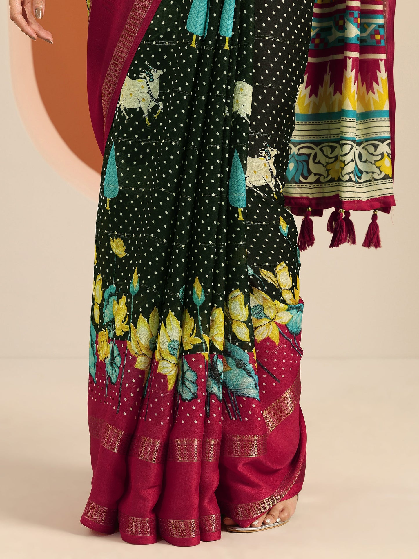 Black Kalamkari Printed Georgette Saree With Unstitched Blouse Piece