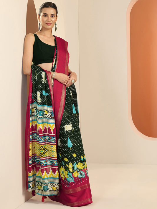 Black Kalamkari Printed Georgette Saree With Unstitched Blouse Piece