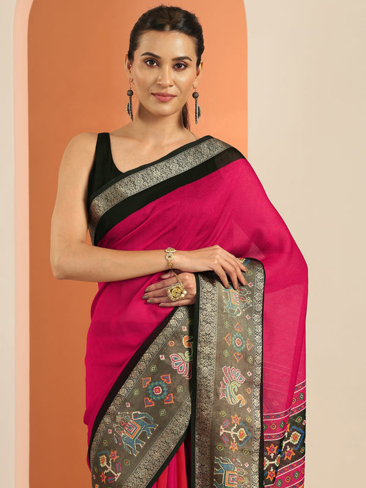 Pink Solid Georgette Saree With Unstitched Blouse Piece