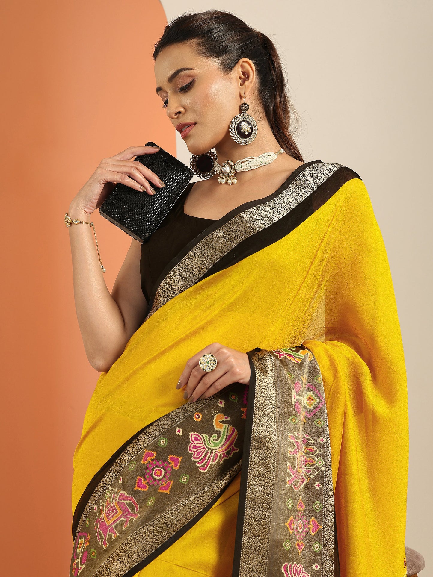 Mustard Solid Georgette Saree With Unstitched Blouse Piece
