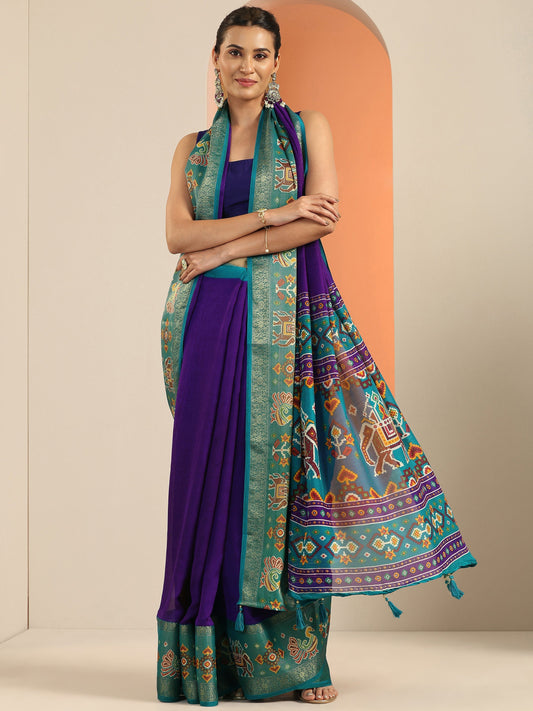 Purple Solid Georgette Saree With Unstitched Blouse Piece