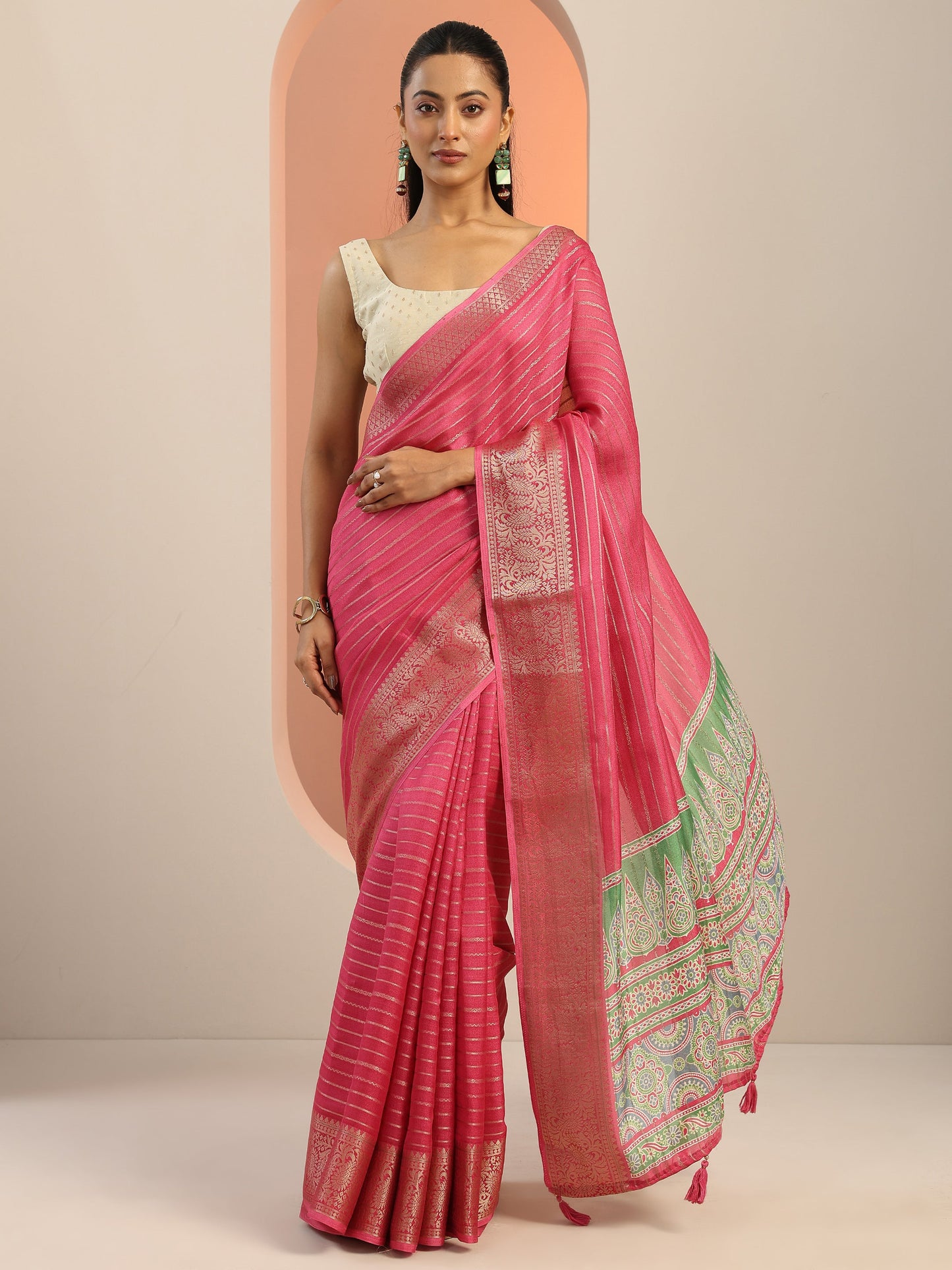 Pink Woven Design Georgette Saree With Unstitched Blouse Piece