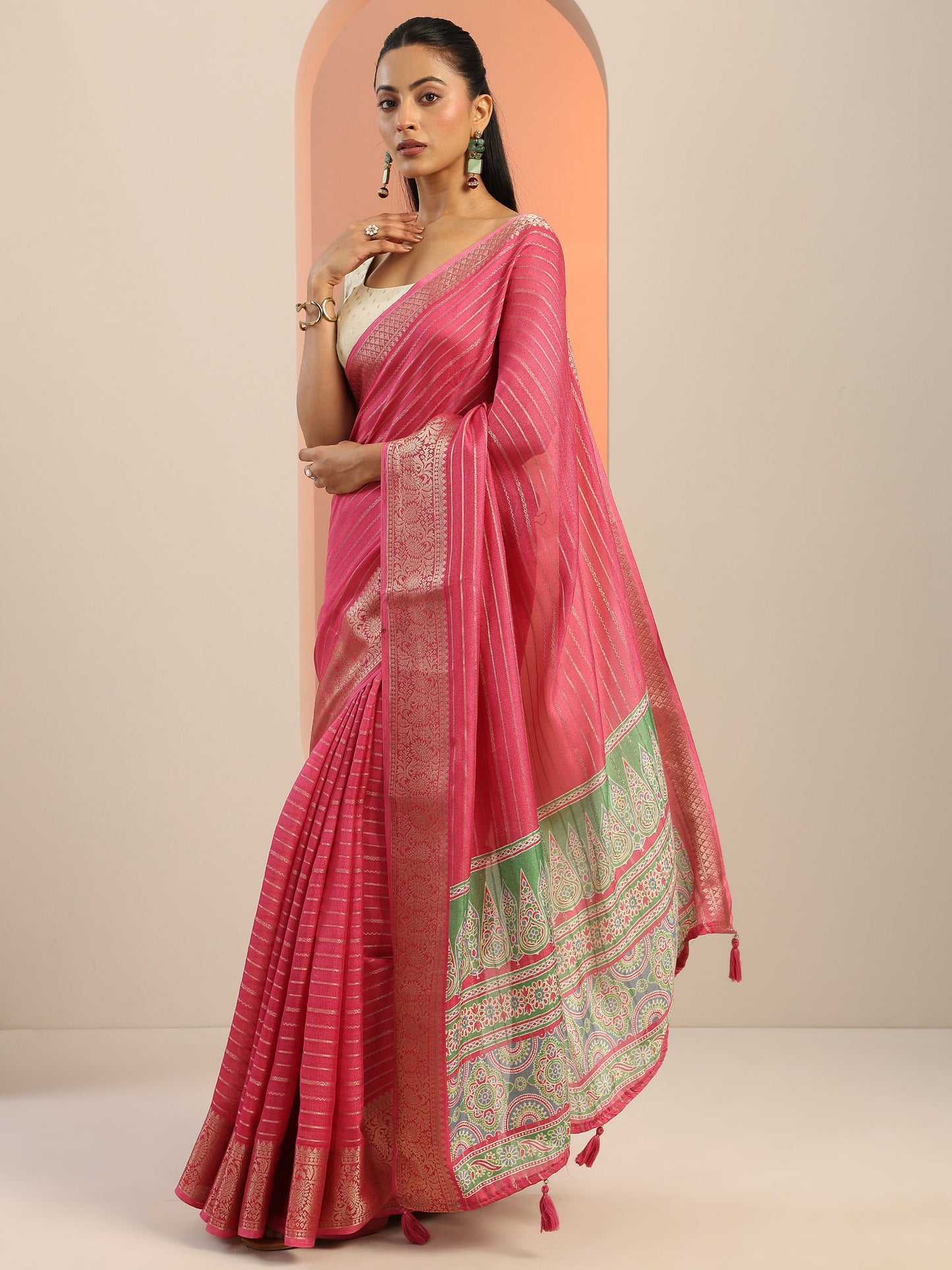 Pink Woven Design Georgette Saree With Unstitched Blouse Piece
