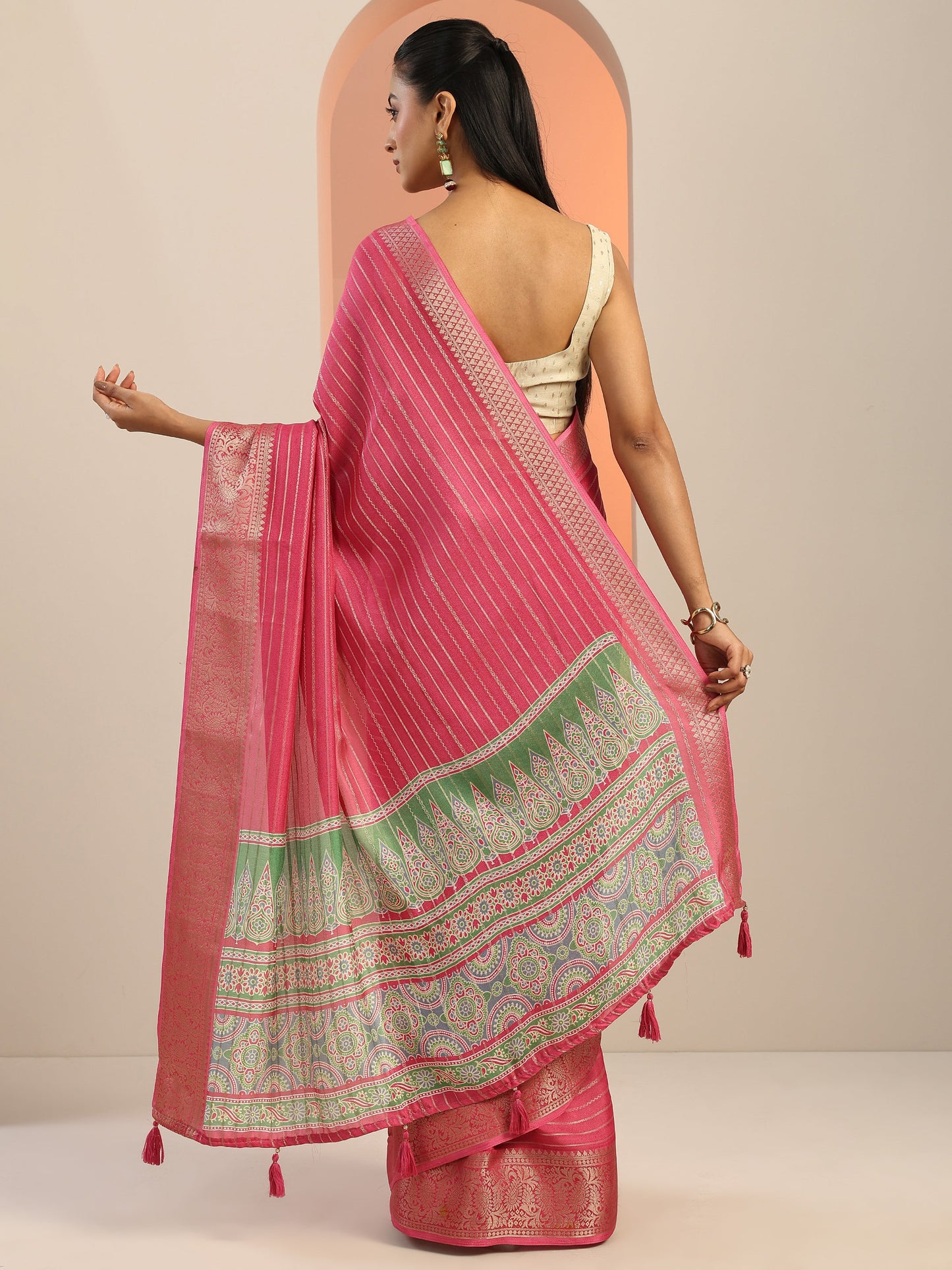 Pink Woven Design Georgette Saree With Unstitched Blouse Piece