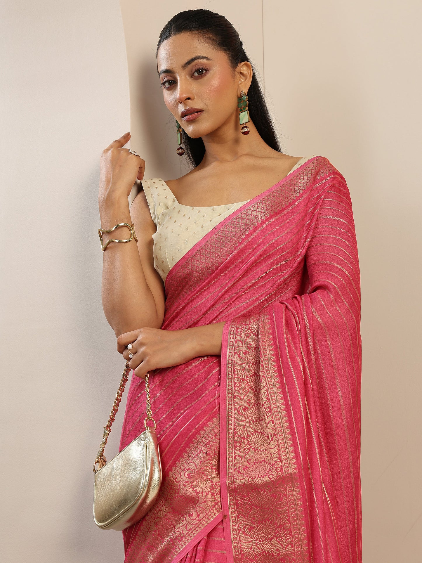 Pink Woven Design Georgette Saree With Unstitched Blouse Piece