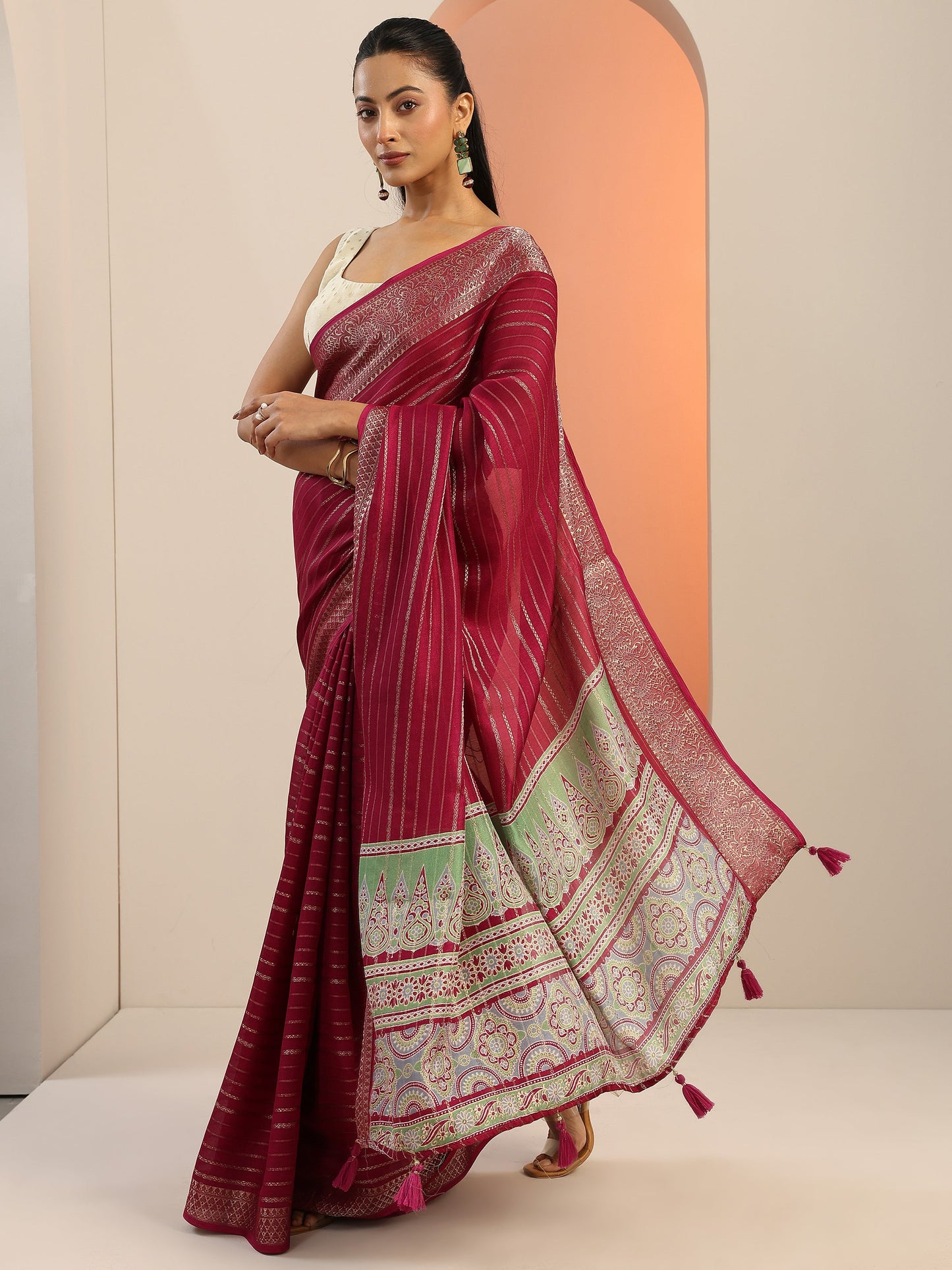 Burgundy Woven Design Georgette Saree With Unstitched Blouse Piece