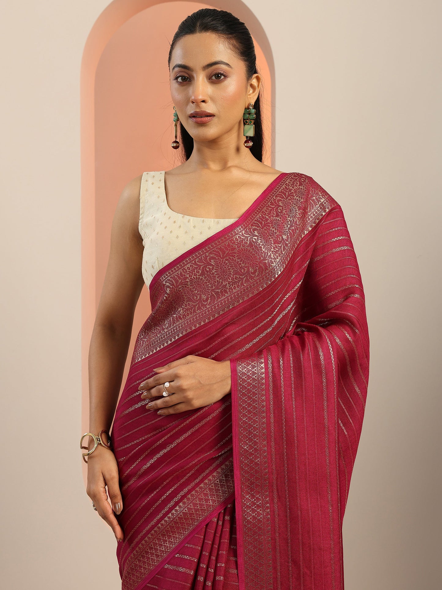 Burgundy Woven Design Georgette Saree With Unstitched Blouse Piece