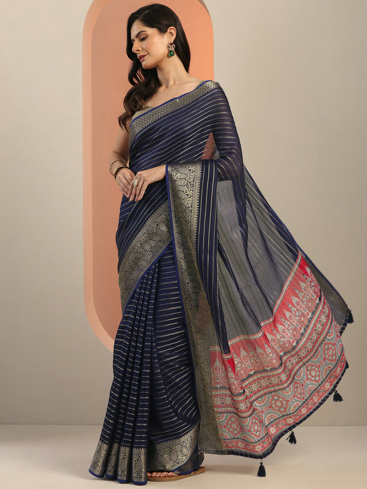 Navy blue Woven Design Georgette Saree With Unstitched Blouse Piece