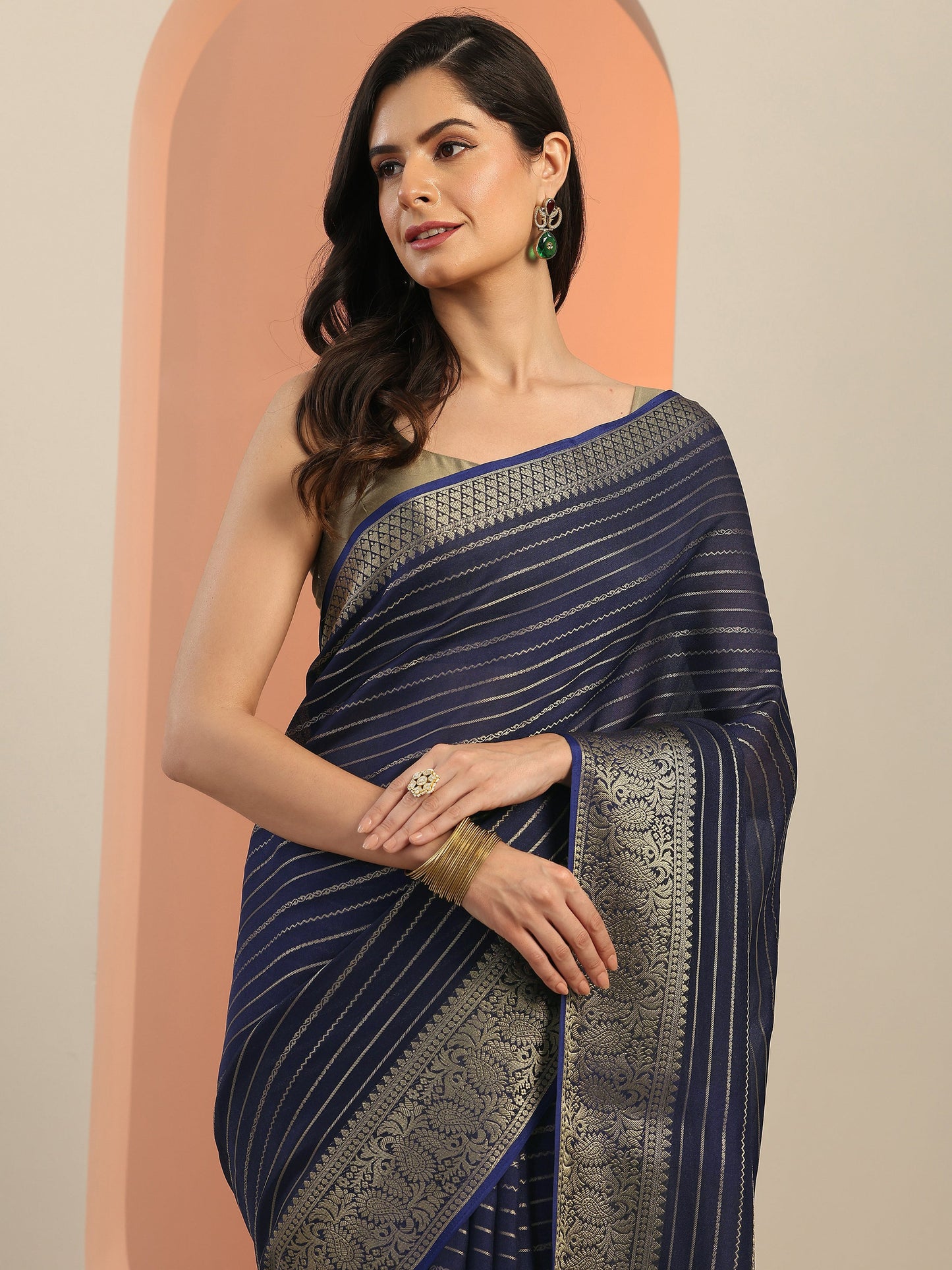 Navy blue Woven Design Georgette Saree With Unstitched Blouse Piece