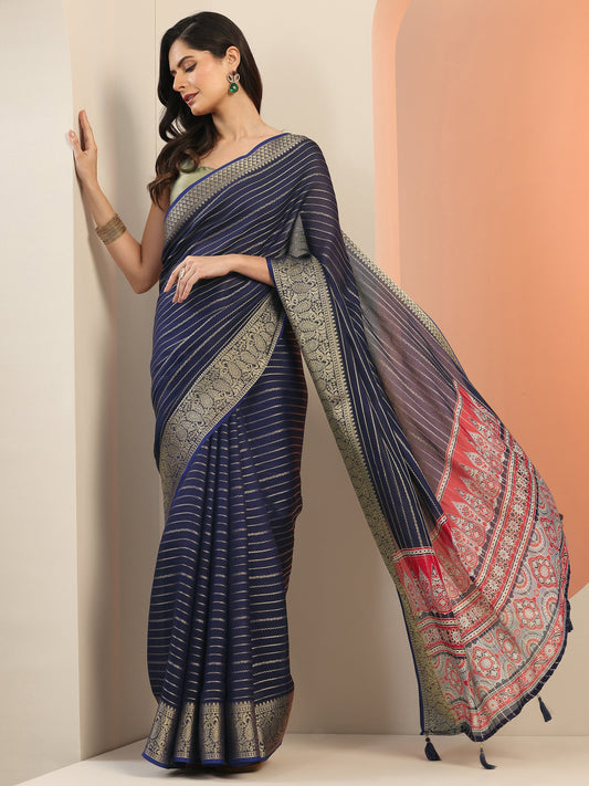Navy blue Woven Design Georgette Saree With Unstitched Blouse Piece