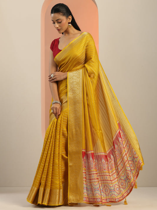 Mustard Woven Design Georgette Saree With Unstitched Blouse Piece