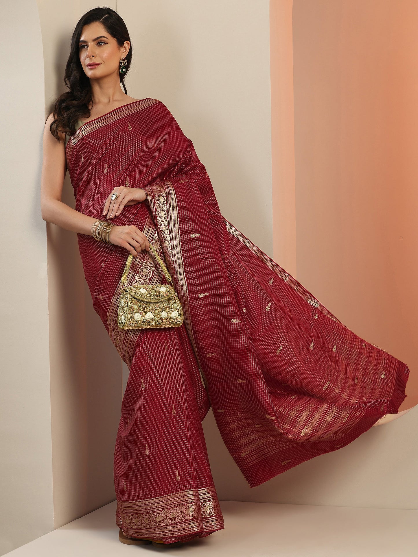 Maroon Woven Design Silk Blend Saree With Unstitched Blouse Piece