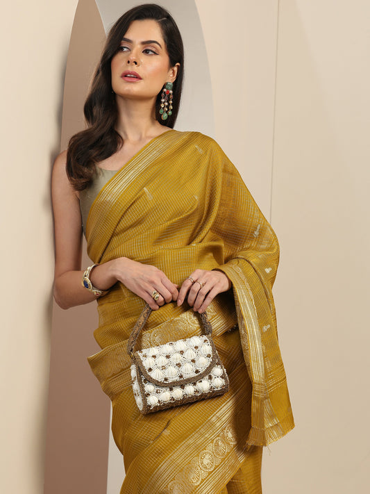Mustard Woven Design Silk Saree With Unstitched Blouse Piece