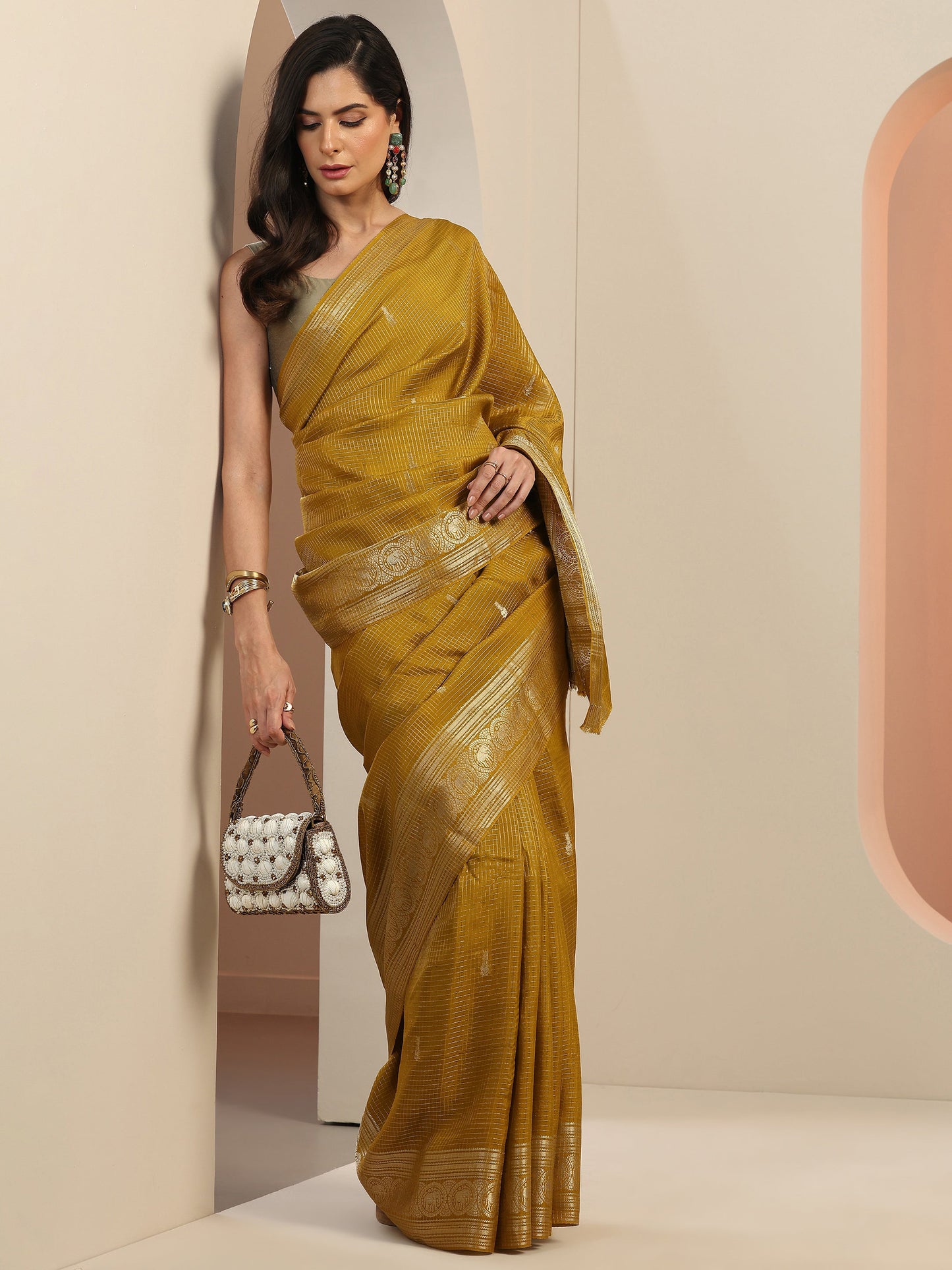 Mustard Woven Design Silk Saree With Unstitched Blouse Piece