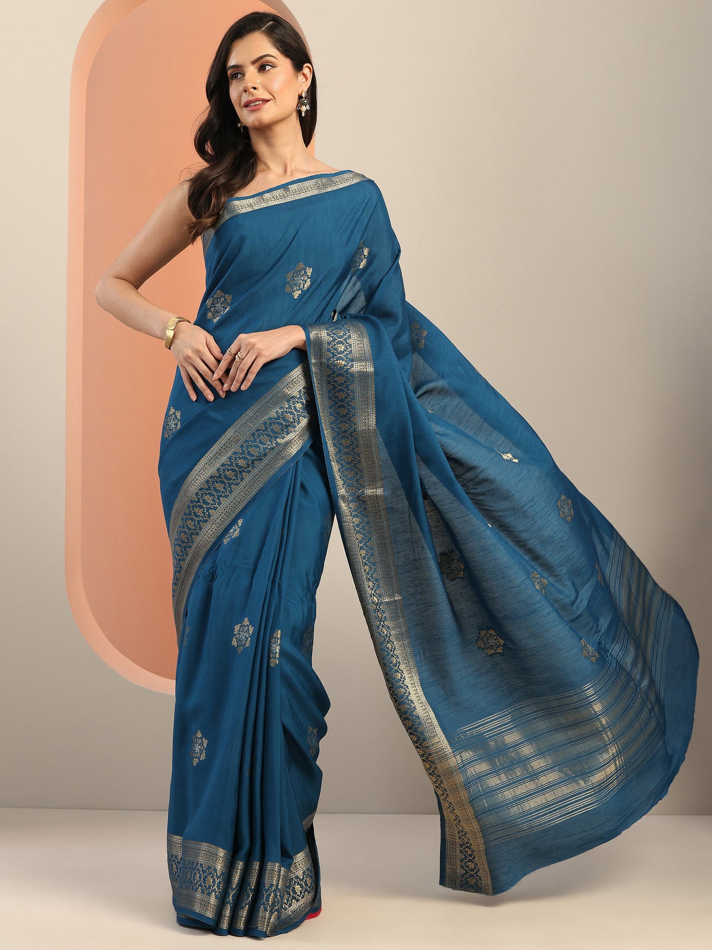 Teal Woven Design Silk Blend Saree With Unstitched Blouse Piece