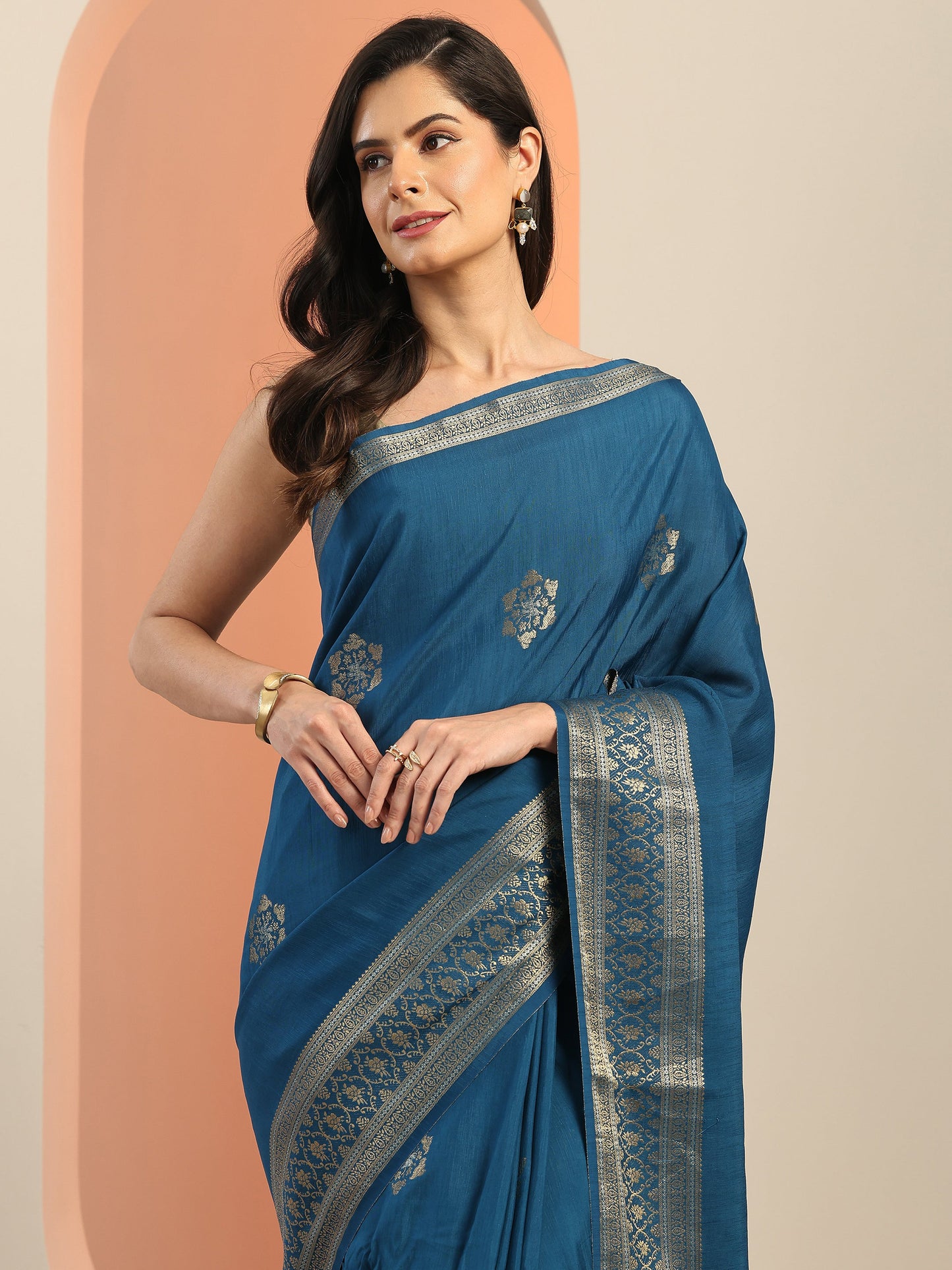 Teal Woven Design Silk Blend Saree With Unstitched Blouse Piece