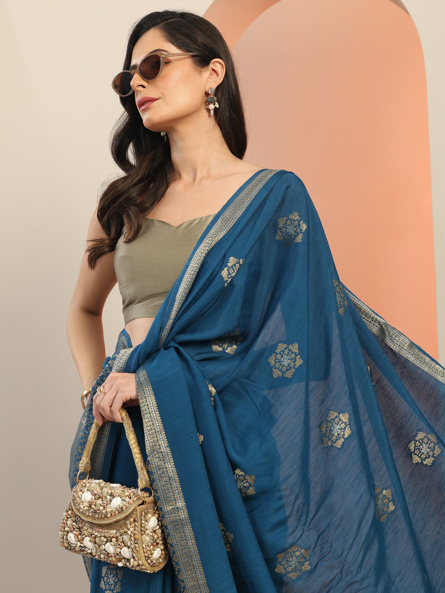 Teal Woven Design Silk Blend Saree With Unstitched Blouse Piece