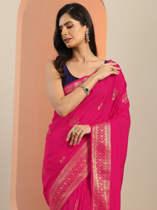 Pink Woven Design Silk Blend Saree With Unstitched Blouse Piece
