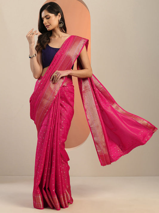 Pink Woven Design Silk Blend Saree With Unstitched Blouse Piece