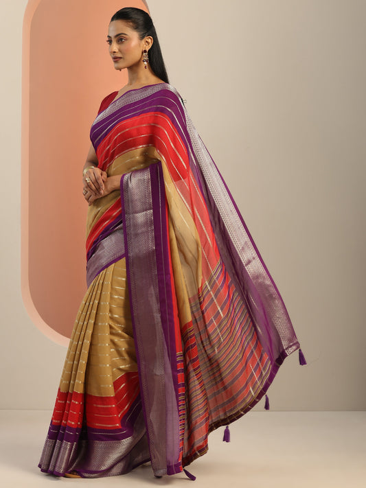 Tan Embellished Silk Blend Saree With Unstitched Blouse Piece