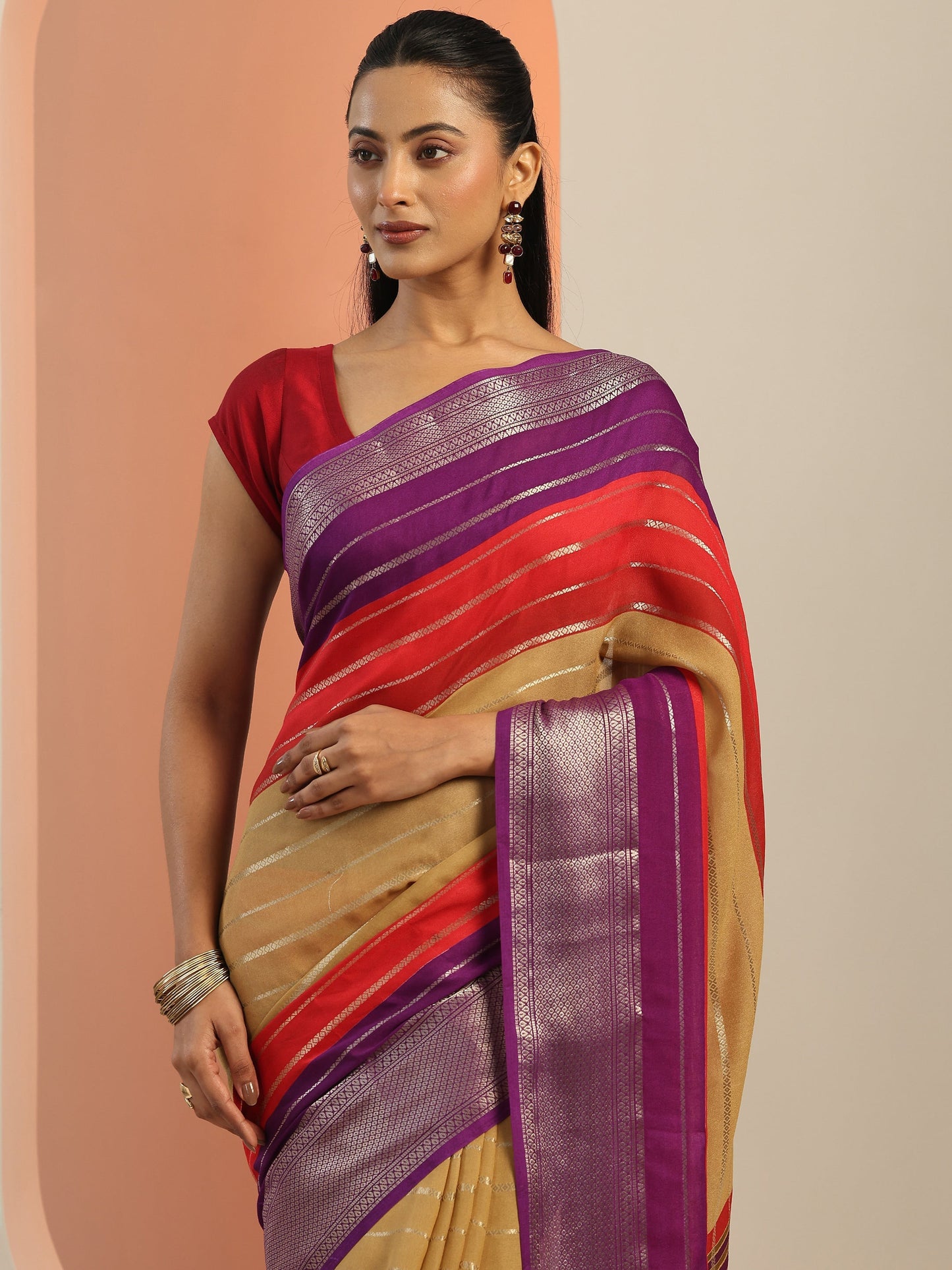Tan Embellished Silk Blend Saree With Unstitched Blouse Piece