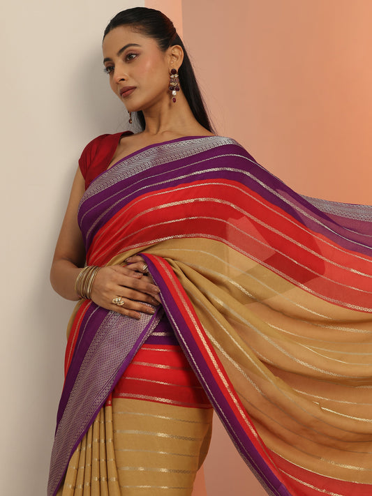 Tan Embellished Silk Blend Saree With Unstitched Blouse Piece