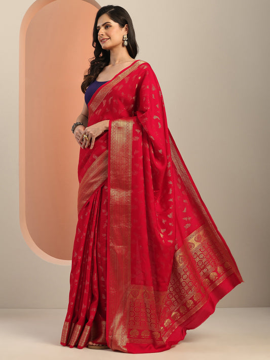 Red Woven Design Silk Blend Saree With Unstitched Blouse Piece