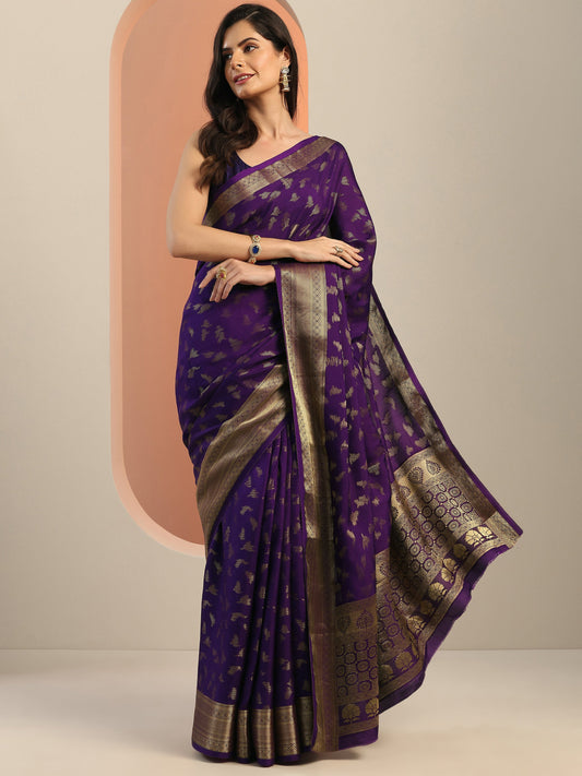 Purple Woven Design Silk Blend Saree With Unstitched Blouse Piece