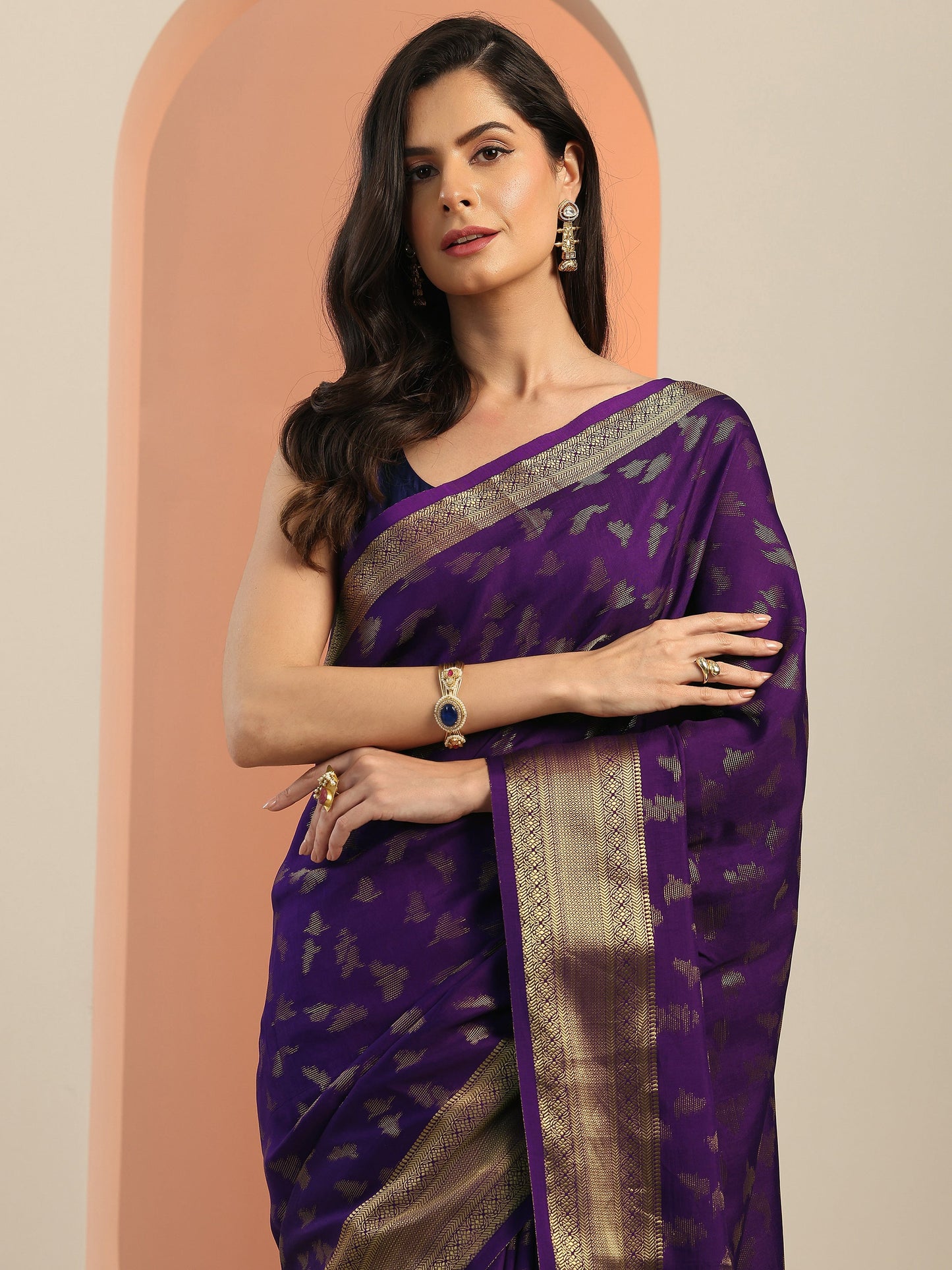 Purple Woven Design Silk Blend Saree With Unstitched Blouse Piece