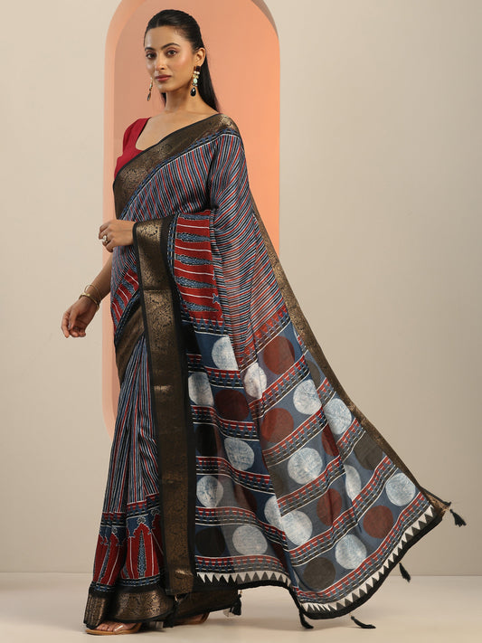 Blue Printed Silk Blend Saree With Unstitched Blouse Piece