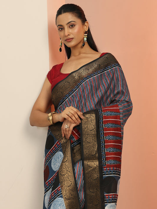 Blue Printed Silk Blend Saree With Unstitched Blouse Piece