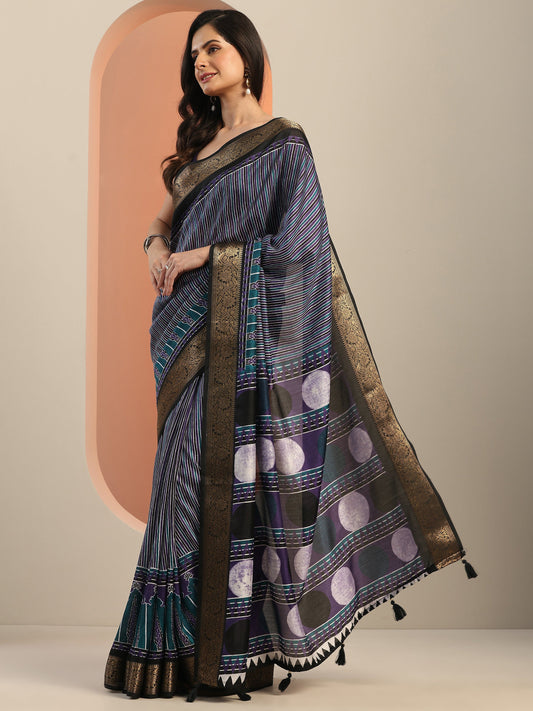 Purple Printed Silk Blend Saree With Unstitched Blouse Piece