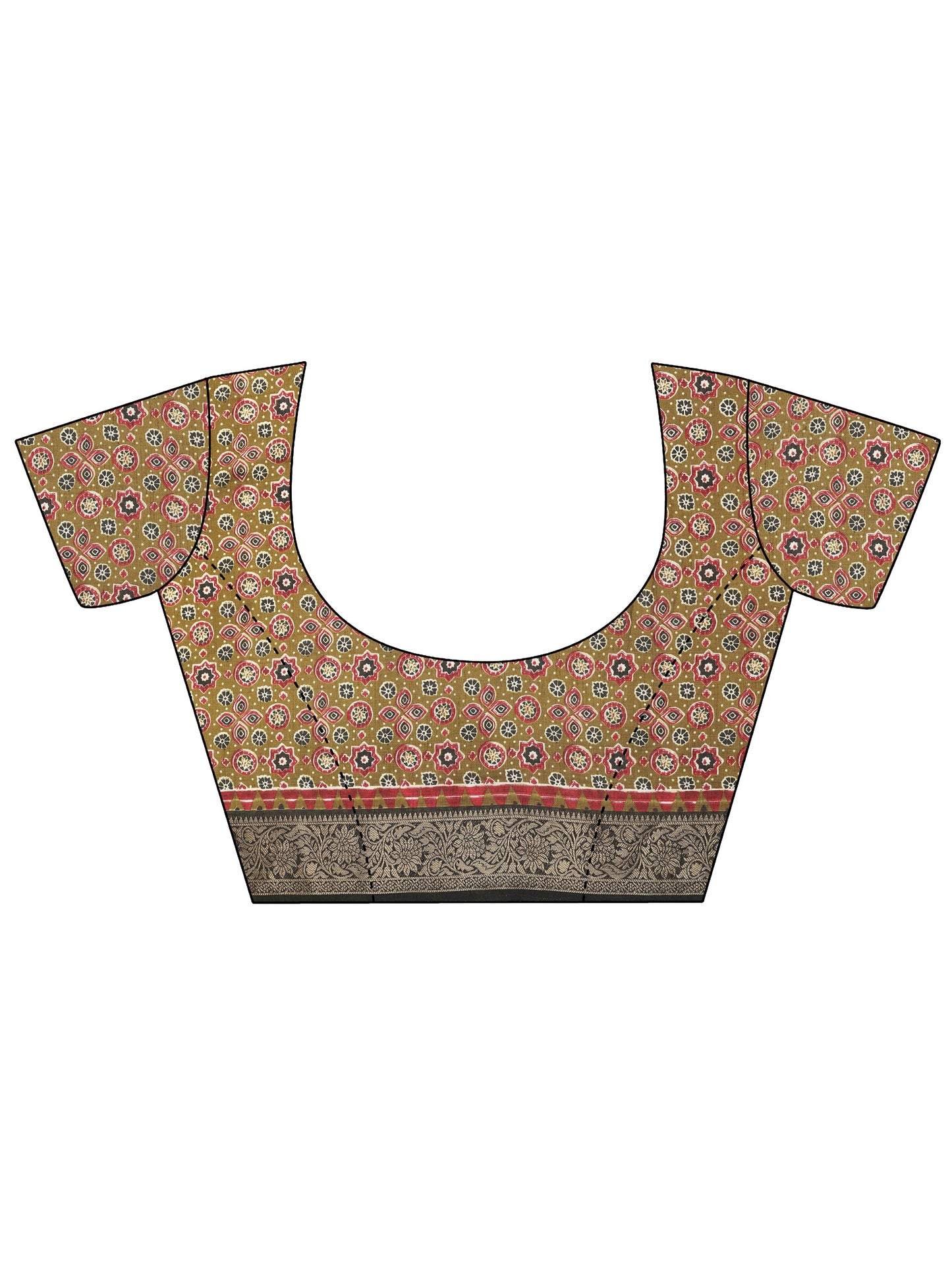 Olive Printed Silk Blend Saree With Unstitched Blouse Piece